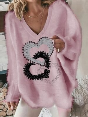 Stylish Regular Heart Print Crew Neck Long Sleeve Pullover - Image 1