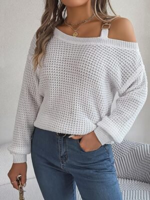 Stylish Regular Solid Ribbed One Shoulder Cold Shoulder Long Sleeve Knitted Top - Image 10