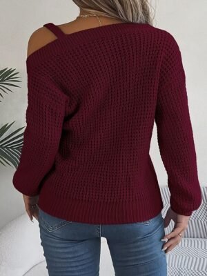 Stylish Regular Solid Ribbed One Shoulder Cold Shoulder Long Sleeve Knitted Top - Image 12