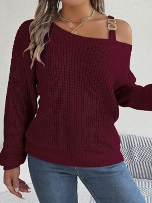 Stylish Regular Solid Ribbed One Shoulder Cold Shoulder Long Sleeve Knitted Top - Image 13