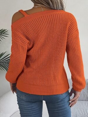 Stylish Regular Solid Ribbed One Shoulder Cold Shoulder Long Sleeve Knitted Top - Image 2
