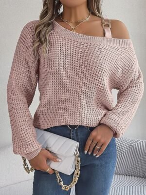 Stylish Regular Solid Ribbed One Shoulder Cold Shoulder Long Sleeve Knitted Top - Image 4
