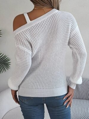 Stylish Regular Solid Ribbed One Shoulder Cold Shoulder Long Sleeve Knitted Top - Image 8