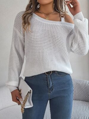 Stylish Regular Solid Ribbed One Shoulder Cold Shoulder Long Sleeve Knitted Top - Image 9