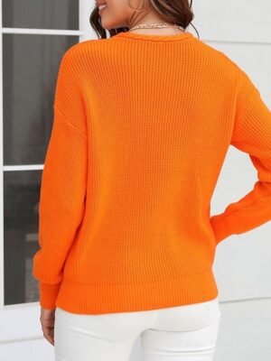 Stylish Regular Solid V Neck Braided Long Sleeve Knit Top - Image 14