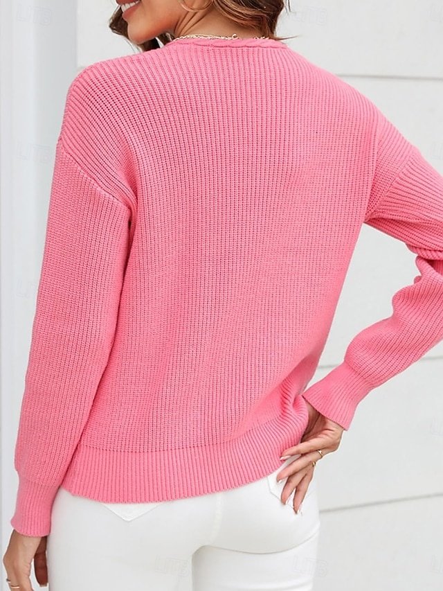 Stylish Regular Solid V Neck Braided Long Sleeve Knit Top - Image 2