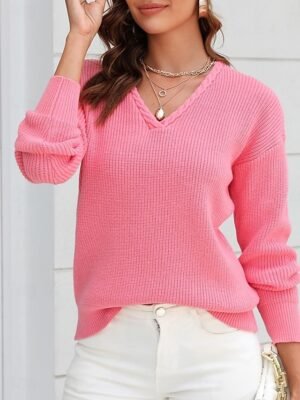 Stylish Regular Solid V Neck Braided Long Sleeve Knit Top - Image 3