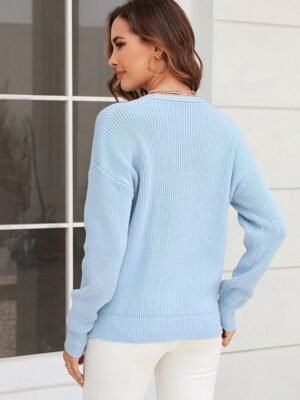 Stylish Regular Solid V Neck Braided Long Sleeve Knit Top - Image 7