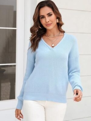 Stylish Regular Solid V Neck Braided Long Sleeve Knit Top - Image 9