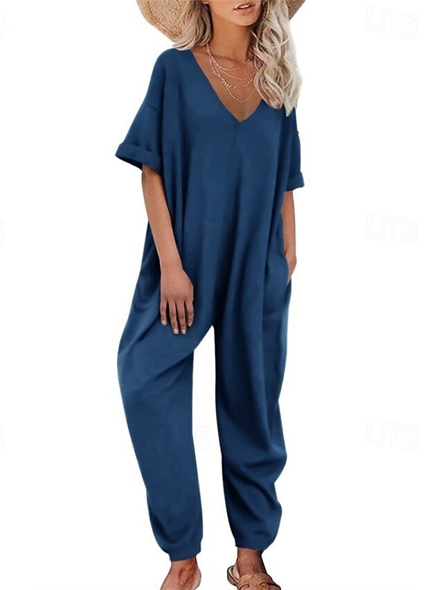 Stylish Regular Solid V Neck Half Sleeve Harem Jumpsuit - Image 1