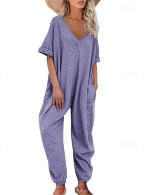Stylish Regular Solid V Neck Half Sleeve Harem Jumpsuit - Image 11