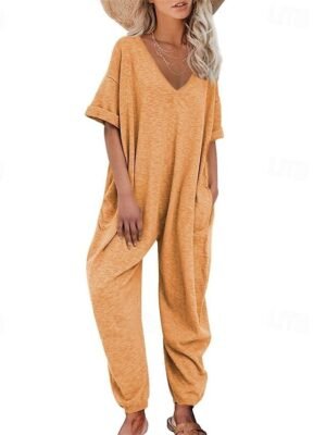 Stylish Regular Solid V Neck Half Sleeve Harem Jumpsuit - Image 4