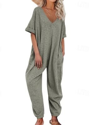 Stylish Regular Solid V Neck Half Sleeve Harem Jumpsuit - Image 5