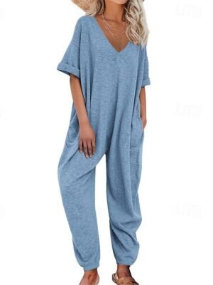Stylish Regular Solid V Neck Half Sleeve Harem Jumpsuit - Image 7