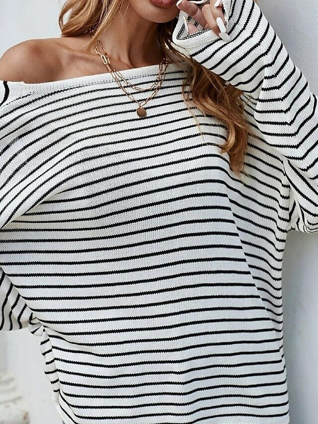 Stylish Regular Striped Boat Neck Long Sleeve Knit Top - Image 1