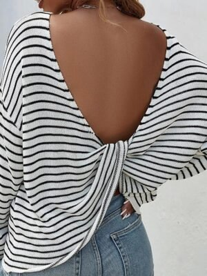 Stylish Regular Striped Boat Neck Long Sleeve Knit Top - Image 2