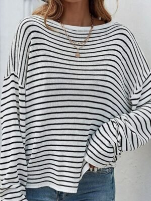 Stylish Regular Striped Boat Neck Long Sleeve Knit Top - Image 3