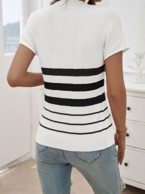 Stylish Regular Striped Crew Neck Short Sleeve Blouse - Image 11
