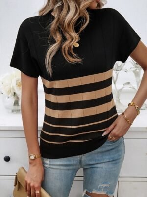 Stylish Regular Striped Crew Neck Short Sleeve Blouse - Image 18