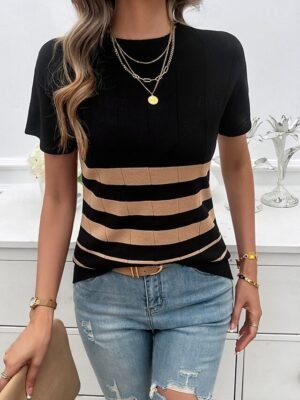 Stylish Regular Striped Crew Neck Short Sleeve Blouse - Image 19