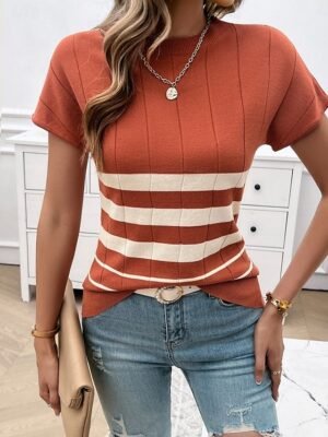 Stylish Regular Striped Crew Neck Short Sleeve Blouse - Image 2