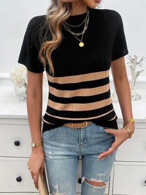 Stylish Regular Striped Crew Neck Short Sleeve Blouse - Image 20