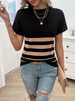 Stylish Regular Striped Crew Neck Short Sleeve Blouse - Image 21