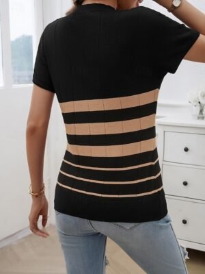Stylish Regular Striped Crew Neck Short Sleeve Blouse - Image 22