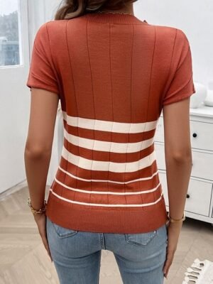 Stylish Regular Striped Crew Neck Short Sleeve Blouse - Image 3