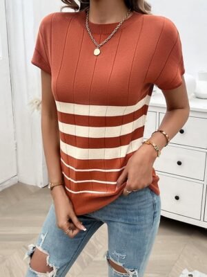 Stylish Regular Striped Crew Neck Short Sleeve Blouse - Image 4