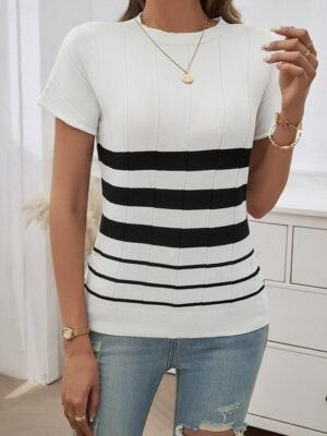 Stylish Regular Striped Crew Neck Short Sleeve Blouse - Image 6