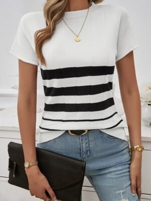 Stylish Regular Striped Crew Neck Short Sleeve Blouse - Image 8