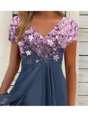 Stylish Ruched Floral V Neck Short Sleeve Midi Dress - Image 4