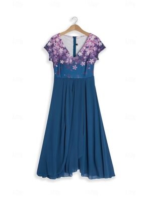 Stylish Ruched Floral V Neck Short Sleeve Midi Dress - Image 5
