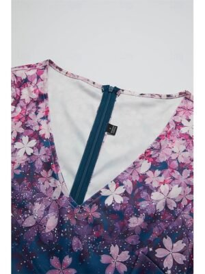 Stylish Ruched Floral V Neck Short Sleeve Midi Dress - Image 7