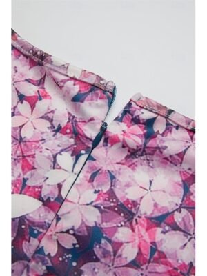 Stylish Ruched Floral V Neck Short Sleeve Midi Dress - Image 9