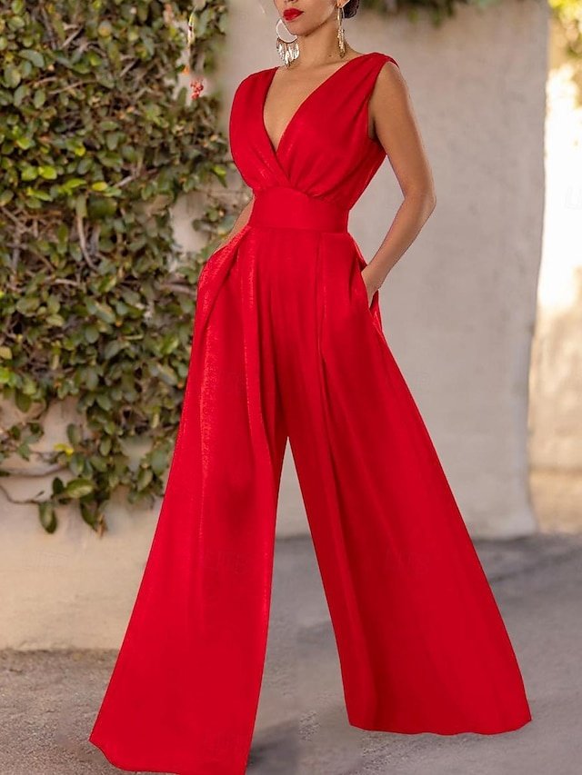 Stylish Slim Solid V Neck Sleeveless Wide Leg Jumpsuit - Image 1