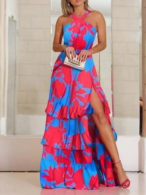 Stylish Swing Abstract Halter Cold Shoulder Sleeveless Maxi Dress - Image 1