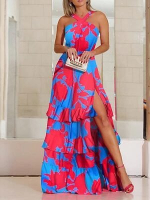 Stylish Swing Abstract Halter Cold Shoulder Sleeveless Maxi Dress - Image 2