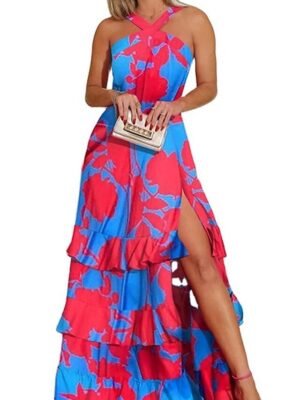 Stylish Swing Abstract Halter Cold Shoulder Sleeveless Maxi Dress - Image 4