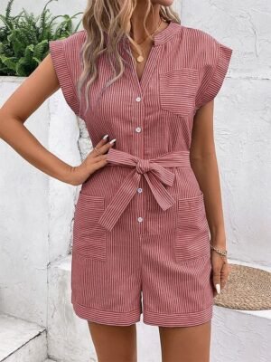 Summer Regular Fit Striped V Neck Sleeveless Romper - Image 7