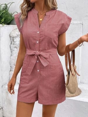 Summer Regular Fit Striped V Neck Sleeveless Romper - Image 8
