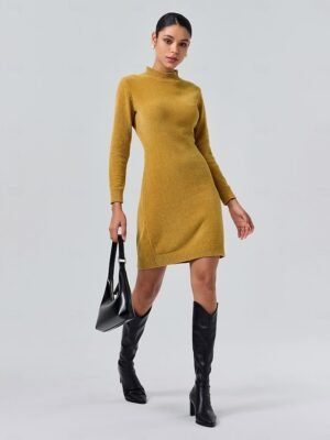 Urban Cleanfit Solid Colour High Neck Long Sleeve Midi Sweater Dress - Image 1