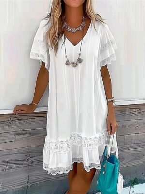 Vacation Casual Lace Patchwork V Neck Short Sleeve Mini Dress - Image 1