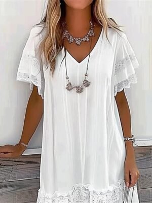 Vacation Casual Lace Patchwork V Neck Short Sleeve Mini Dress - Image 2