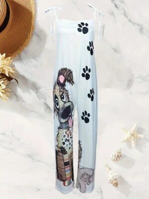 Vacation Loose Fit Animal V Neck Strap Full Length Overalls - Image 2