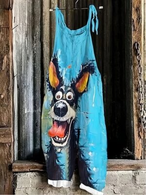 Vacation Loose Fit Animal V Neck Strap Full Length Overalls - Image 4