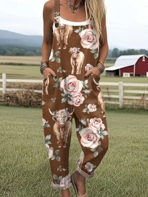 Vacation Loose Fit Floral Sleeveless Dungarees - Image 3