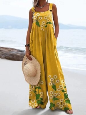 Vacation Loose Fit Floral Sleeveless Wide Leg Dungarees - Image 1