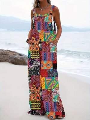 Vacation Loose Fit Floral Sleeveless Wide Leg Dungarees - Image 1